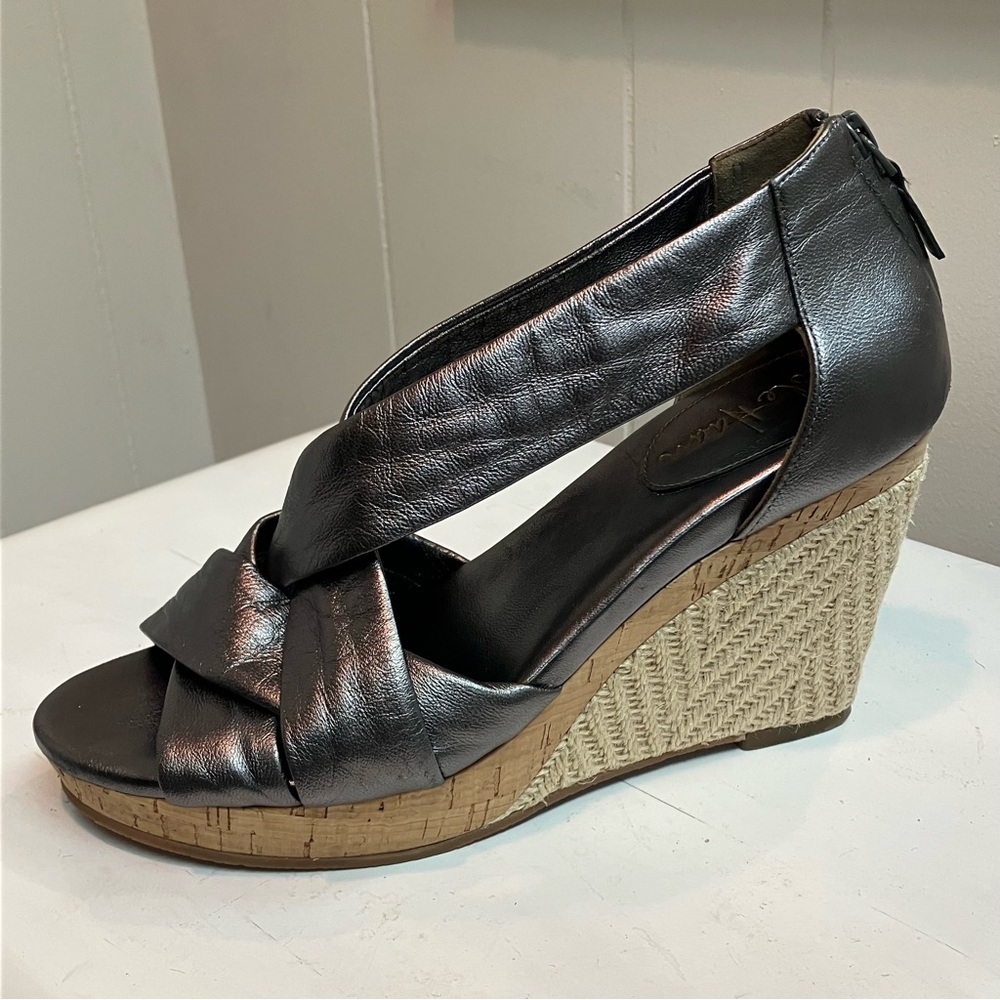 COLE HAAN Delfina Coastal Vacation Leather Strap Wedge Sandal 7 1/2 Pewter